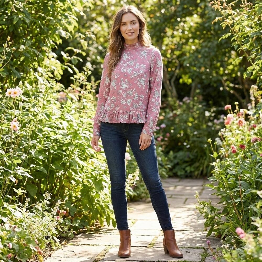 Code Mode Top Pink Ruffle Mock Neck Floral - Picture 1 of 7